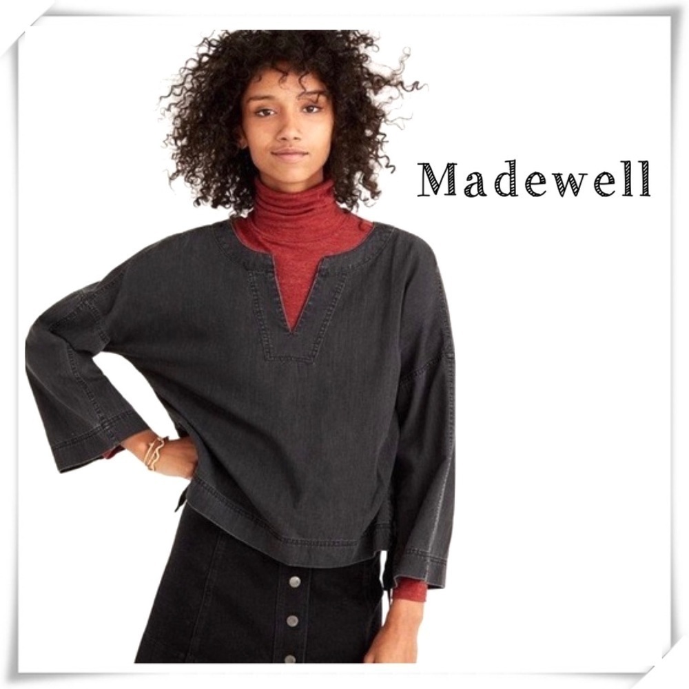 Madewell Lace up Side Denim top Blouse Washed BK